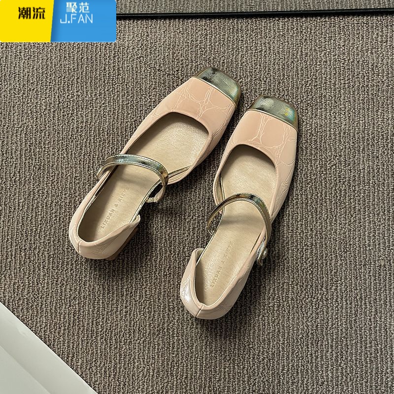 聚范网红单鞋女2024年春季新款时尚百搭温柔复古中跟防滑方头玛丽珍鞋