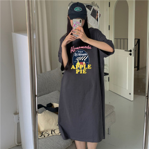 6535棉夏季新款韩版宽松字母印花学生开叉短袖中长款连衣裙女INS