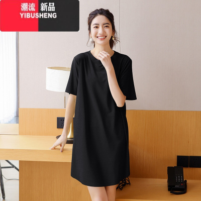 YIBUSHENG季薄款宽松中长裙冰丝连衣裙短袖女打底裙纯色圆领家居睡裙大码