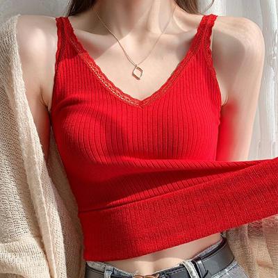 新款2021夏季新款俩蕾丝重工V领吊带女外穿内搭无袖针织打底薄款背心