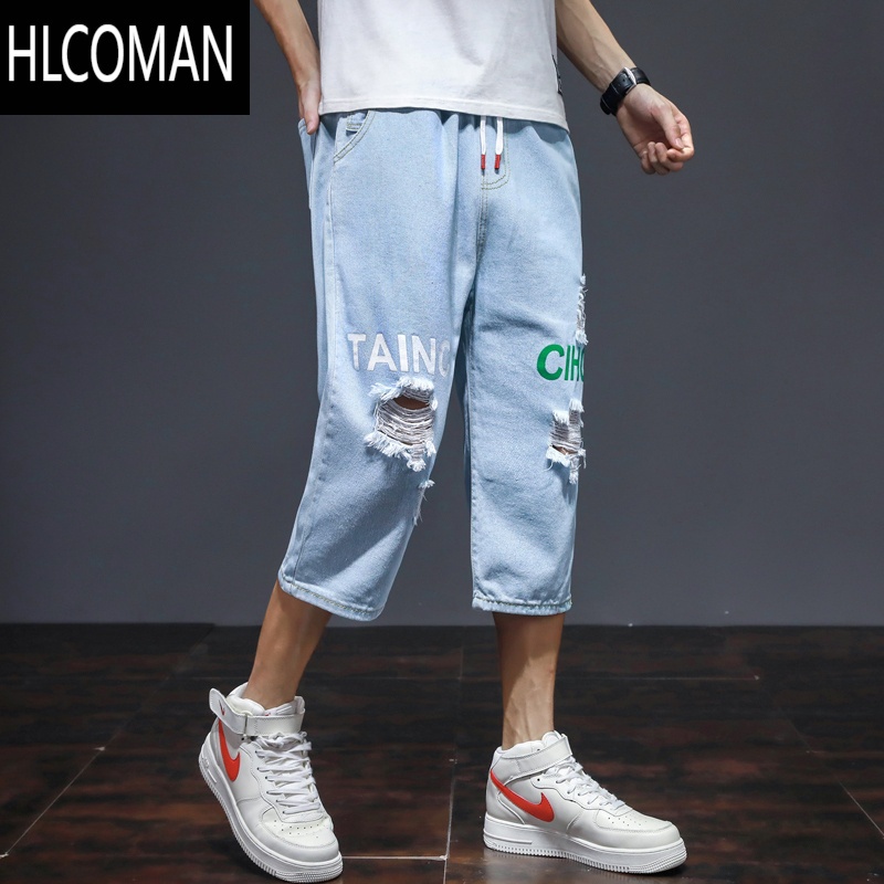 HLCOMAN夏季薄款破洞牛仔短裤男2022年新款潮牌中裤夏天宽松男士七分裤子