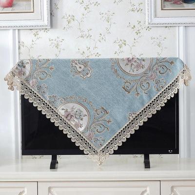 欧式电视机盖布罩套曲面屏防尘罩方巾布艺蕾丝长方形客厅卧 清歌蓝色小花边 85*85(27-37寸电视机可用)床头柜也可用