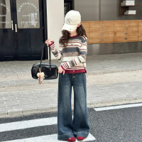 童装女童套装秋季新款洋气条纹小女孩外套针织毛衣开衫两件套