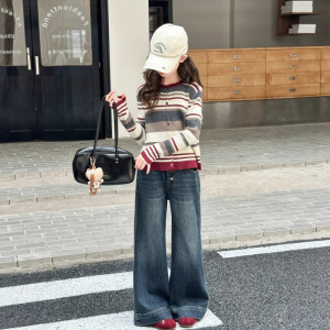 童装女童套装秋季新款洋气条纹小女孩外套针织毛衣开衫两件套