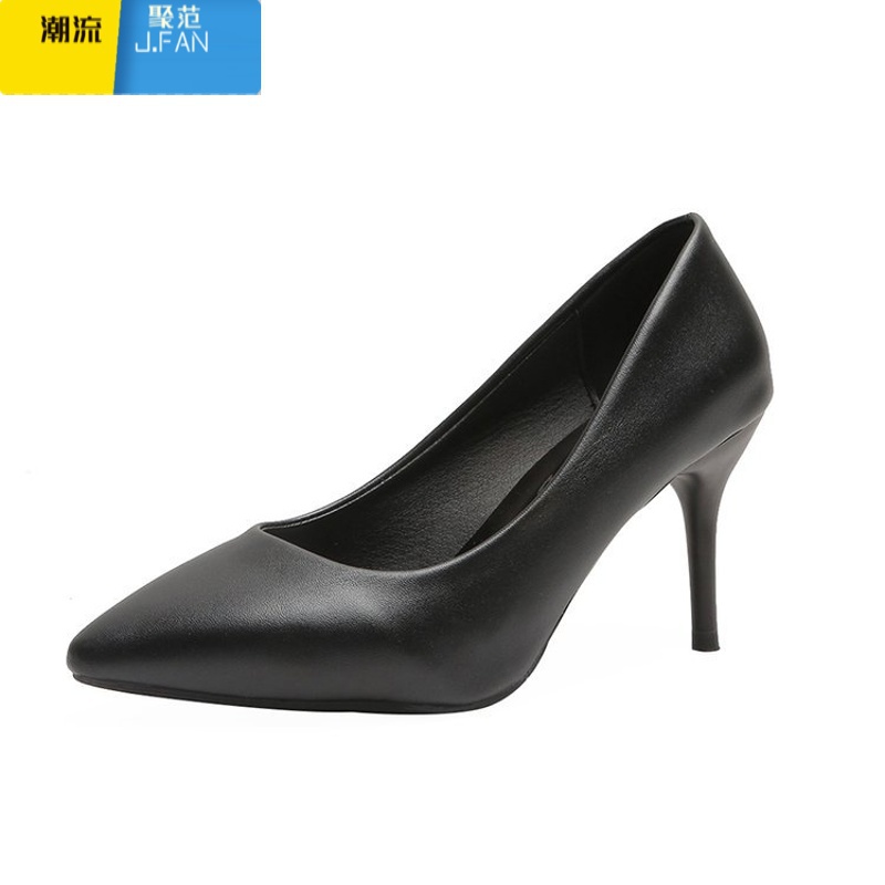 聚范小跟高跟鞋女3cm黑色中跟工作职业哑光皮细跟尖头学生礼仪5-7单鞋
