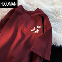 HLCOMAN2025国潮锦鲤印花短袖男夏季宽松情侣T恤情侣装新年体恤