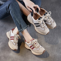 春季新款真皮圆头系带透气网面阿甘鞋撞色单鞋女鞋厚底休闲鞋