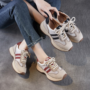 春季新款真皮圆头系带透气网面阿甘鞋撞色单鞋女鞋厚底休闲鞋