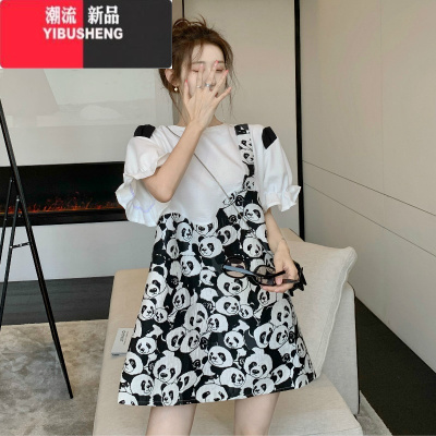 YIBUSHENG大码宽松微胖mm200斤300假两件裙子短袖t恤女季法式气质连衣裙