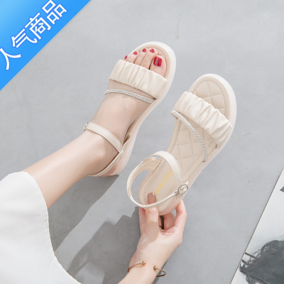 SUNTEK牛筋软底凉鞋夏季女款水钻一字带平底鞋2023年新款舒适简约罗马鞋