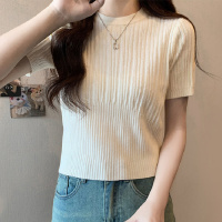 白色正肩短袖针织衫女夏季新款圆领修身显瘦辣妹短款内搭上衣INS