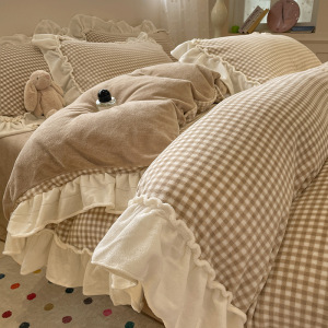 冬季加厚牛奶绒床上四件套公主风花边珊瑚绒床单被套罩三件套床品