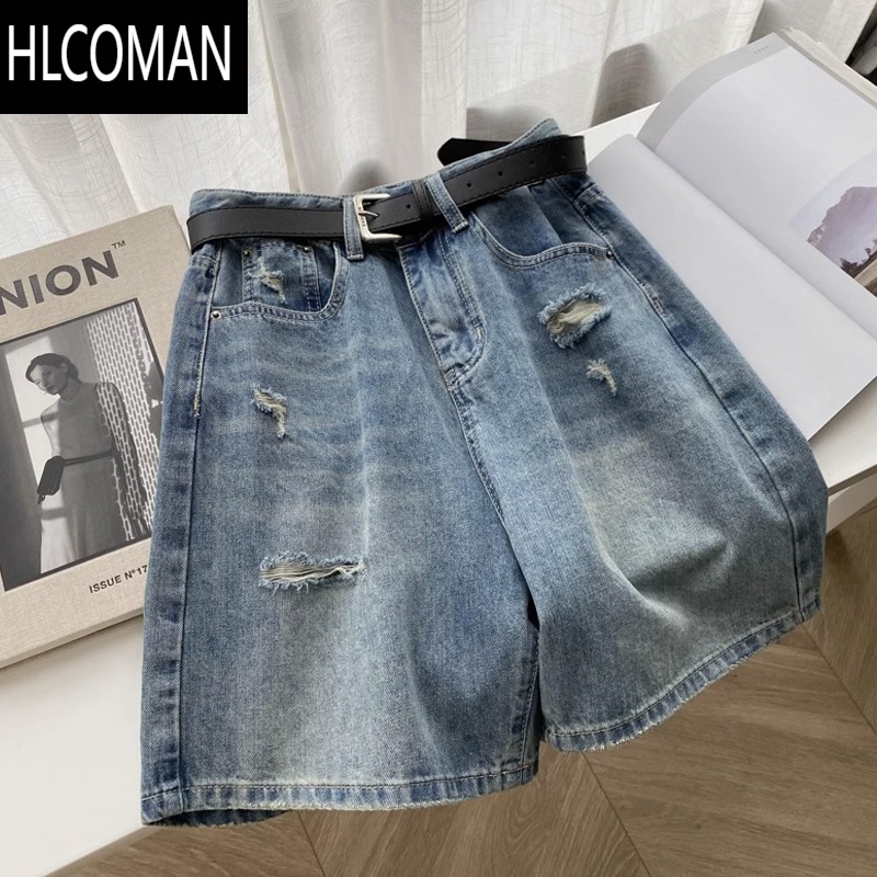 HLCOMAN破洞牛仔短裤男夏季薄款美式潮流宽松直筒裤日系潮牌高街五分裤子