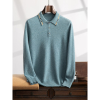 商务休闲秋冬新款男士POLO领撞色羊绒衫长袖宽松套头简约带扣毛衣