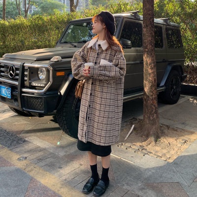 FISHBASKET2021流行格纹收腰系带毛呢外套矮小个妮子大衣女学生中长款毛呢外套格子外套均码