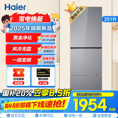 海尔(Haier) 251升无霜变频健康保鲜冰箱 简美三门 自然新鲜 一级变频 黑金净化BCD-251WGHC3E7AS