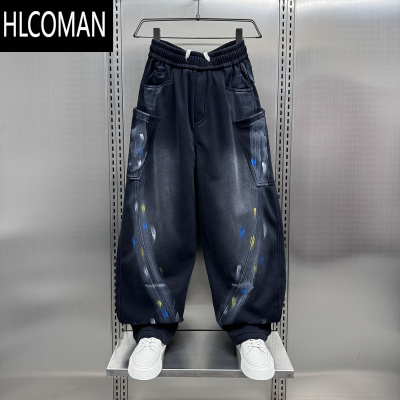 HLCOMAN男裤痞帅加绒加厚休闲裤宽松直筒阔腿裤青年条纹运动卫裤