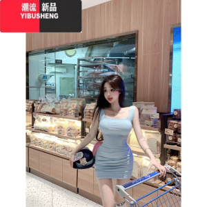 YIBUSHENG蓝色吊带连衣裙女季性感收腰褶皱露背包臀短裙紧身辣妹纯欲裙子 图片色 均码