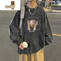 YANXU水洗做旧长袖t恤男款美式街头潮牌宽松大码情侣打底衫