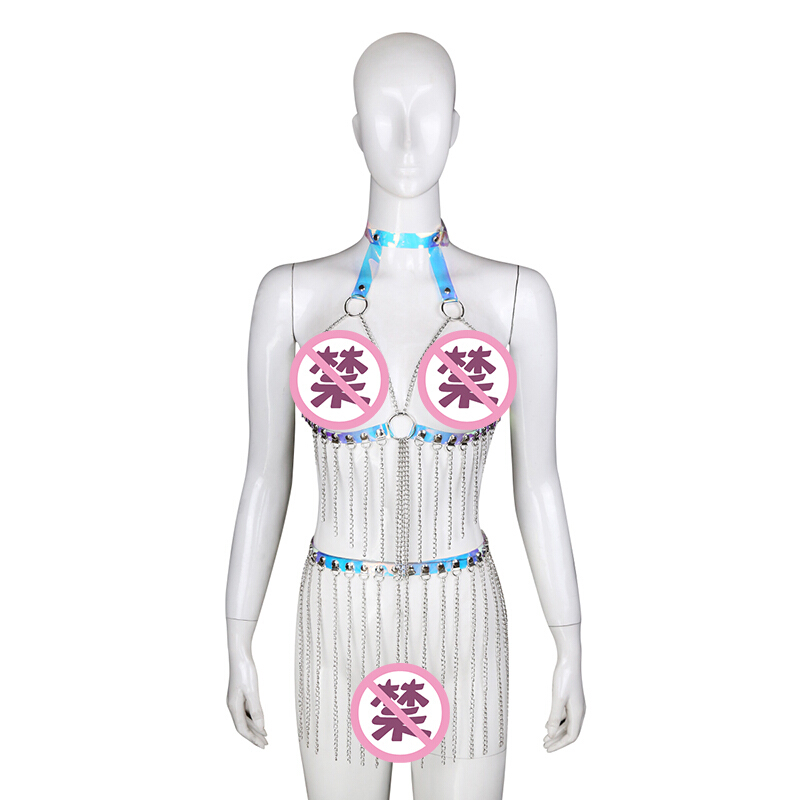 桃色缘 暴乳露胸锁链透视情趣内衣紧缚缕空肚皮舞角色扮演服饰 sm情趣用品男女用器具另 蓝色缕空肚皮舞锁链紧缚衣裤(套装)