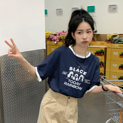 [1折价26.9元,叠加优惠券]短袖T恤女夏季新款圆领撞边设计韩系小众学院风时尚百搭