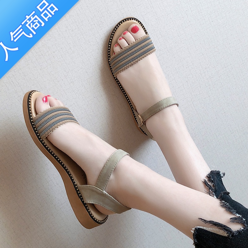 SUNTEK2023夏新款仙女风时尚百搭女凉鞋低跟防滑网红学生女鞋平底妈妈鞋