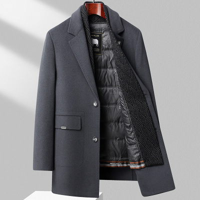 鹅绒双面呢羊毛大衣男士中长款脱卸内胆羊毛呢子外套西装领鹅绒服