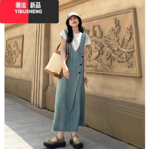 YIBUSHENG装茶系穿搭一整套女装大码胖mm韩系牛仔背带连衣裙洋气减龄套装