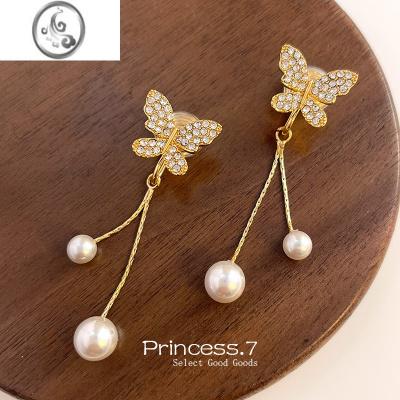 JiMi长款蝴蝶珍珠耳夹无耳洞女森系流苏气质蚊香盘耳环耳坠法式耳饰潮