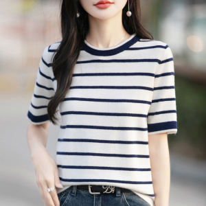 夏新款女装上衣全纯色棉针织衫短袖女T恤女圆领背心条纹