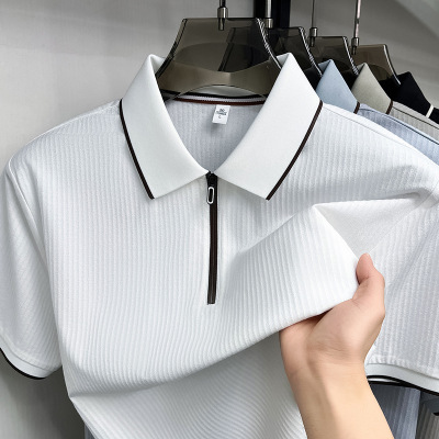 春夏新款男士纯色翻领休闲透气简约轻商务舒适短袖T恤新疆棉