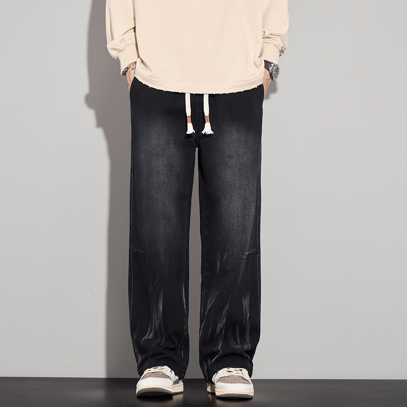 黑色个性印花直筒牛仔裤男高级感宽松帅气百搭高街阔腿裤秋冬新款