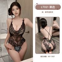 九里晴川重工蕾丝连体衣可调节式吊带连体裙深V开档免脱纯欲睡衣