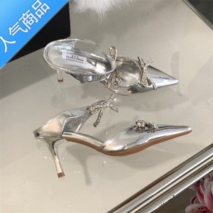 SUNTEK高级感~!银色漆皮水钻蝴蝶结尖头半拖鞋女性感细跟高跟包头凉鞋