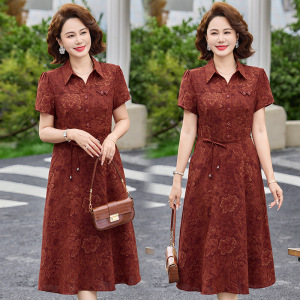 妈妈装夏季短袖连衣裙时尚气质婆婆装过膝衬衣款长裙子夏装衣服女