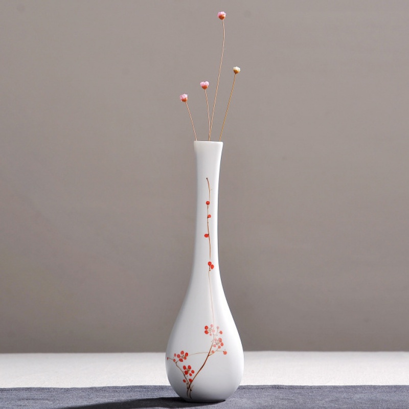 陶瓷小花瓶摆件创意手绘荷花白瓷瓶观音玉净瓶简约日式花器 三维工匠