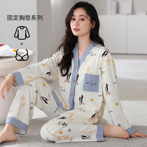 睡衣女秋冬季棉质和服开衫长袖可爱卡通家居服5XL加大码外穿套装