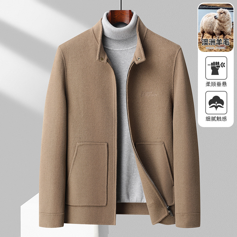 潮流简约竖领双面呢羊毛茄克中青年男士秋冬新款双面呢羊毛厚外套