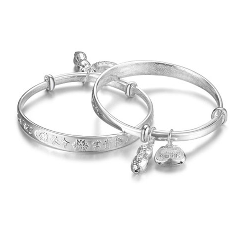 熊银匠宝宝银手镯999足银童镯子长命富贵铃铛银手环婴儿满月礼物