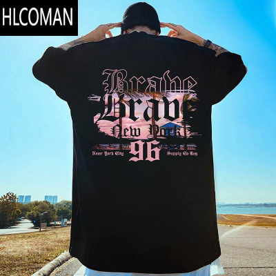 HLCOMAN机车潮牌宽松T恤胖子短袖男加肥加大五分袖嘻哈国潮大码男装夏季