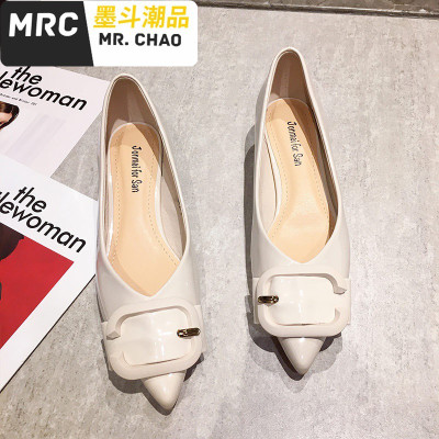 鞋子女2020春季新款漆皮尖头浅口百搭红色婚鞋四季中跟单鞋女粗跟墨斗潮品休闲鞋