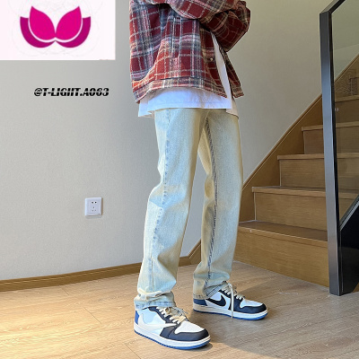 七斓美式vibe风裤子高街浅蓝色水洗复古小脚牛仔裤男款修身弹力直筒裤