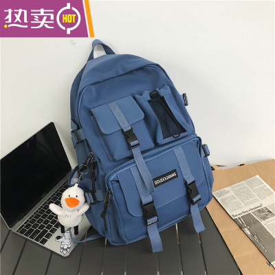 NEWLAKE2021新款潮流双肩包男工装机能旅行电脑背包街头简约大学生书包男蓝色要挂件