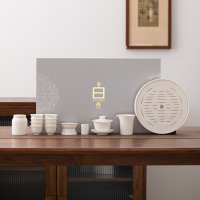 苏氏陶瓷(SUSHI CERAMICS)羊脂玉中国白茶具三才盖碗繁星陶瓷干泡盘茶叶罐八杯礼盒组