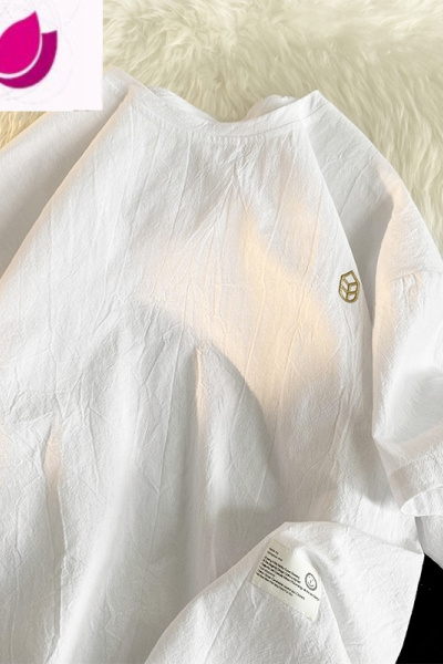 七斓中国风刺绣亚麻短袖t恤男小领口oversize体袖夏300g