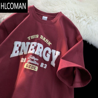 HLCOMAN红色美式复古T恤男短袖oversize夏季潮牌休闲宽松大码半袖