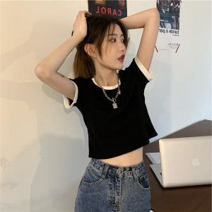 设计感拼接短袖T恤女夏韩国女装短款高腰撞色修身上衣 时尚装