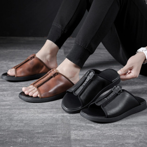 夏季男士真皮一脚蹬拖鞋可外穿百搭欧洲站潮鞋真皮透气凉拖