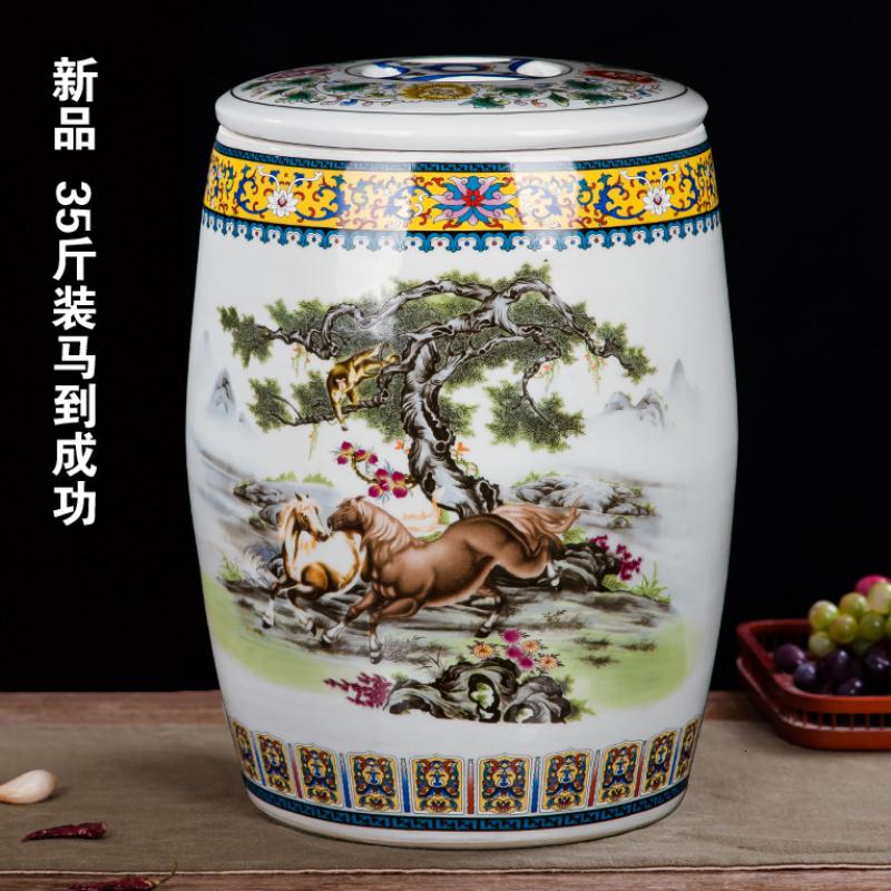 20斤30斤装陶瓷米缸大米桶烘焙精灵家用菜油缸50斤带盖密封面缸水缸腌菜缸 花色35斤装马到