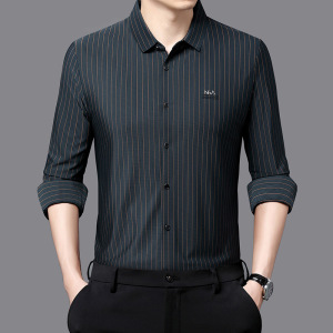 秋季新款长袖衬衫男款条纹中年爸爸装商务透气打底衬衣男士